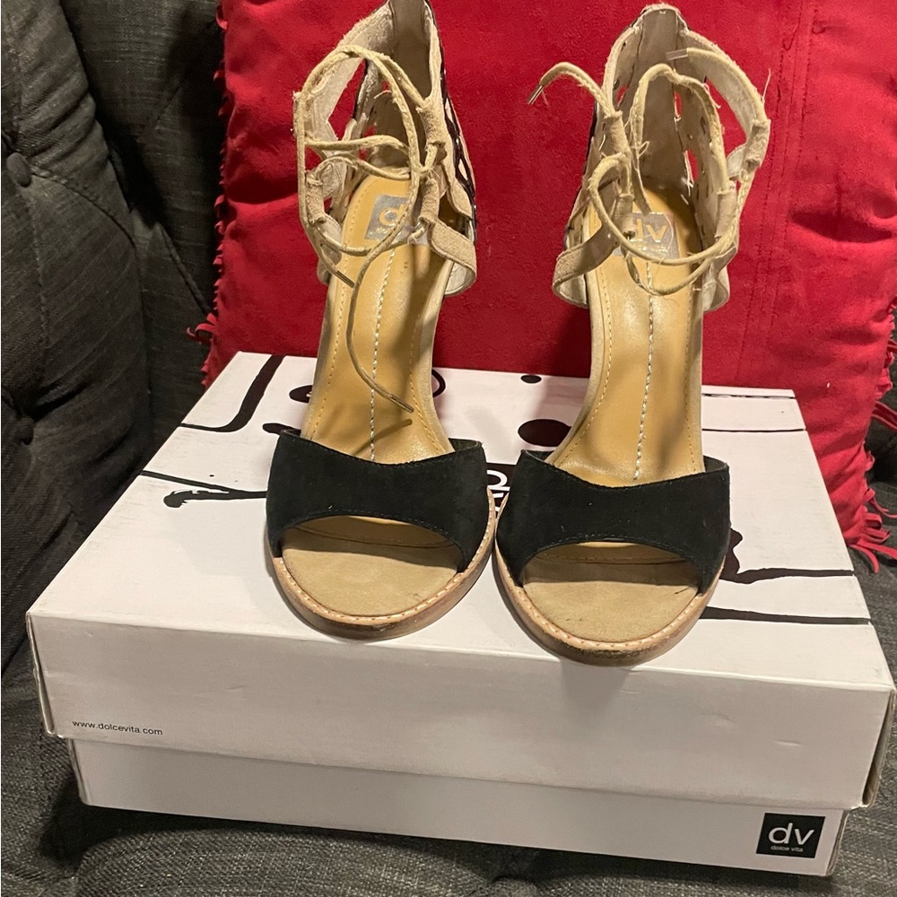 DV by Dolce Vita Black and Tan Heeled Sandals Gladiator ankle with ties.